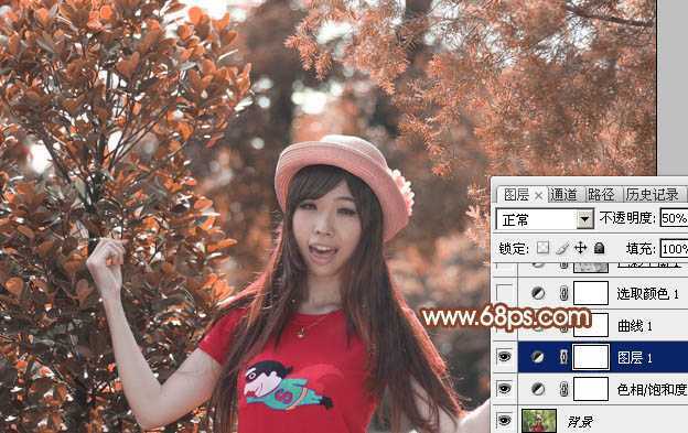 ‘Photoshop打造唯美的橙红色树林人物图片‘