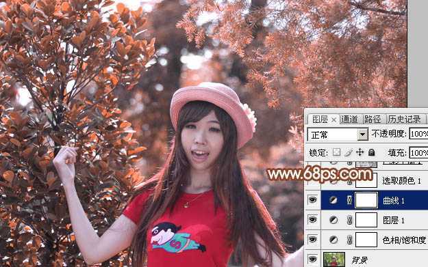 ‘Photoshop打造唯美的橙红色树林人物图片‘