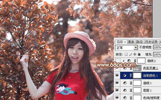 ‘Photoshop打造唯美的橙红色树林人物图片‘
