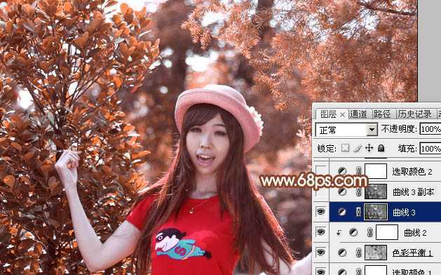 ‘Photoshop打造唯美的橙红色树林人物图片‘