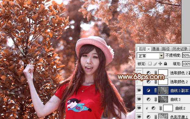 ‘Photoshop打造唯美的橙红色树林人物图片‘