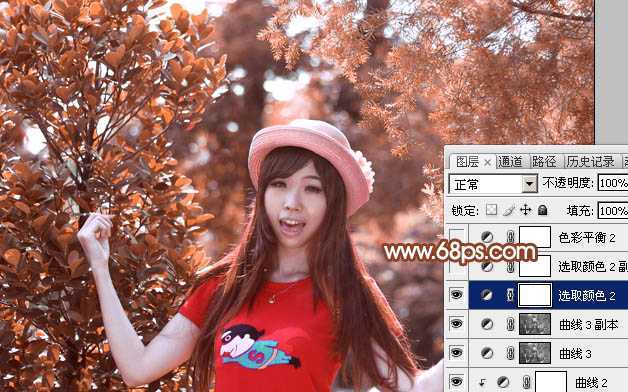‘Photoshop打造唯美的橙红色树林人物图片‘