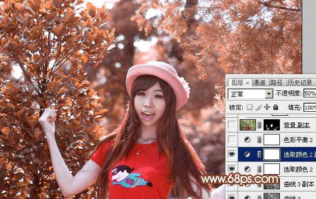 ‘Photoshop打造唯美的橙红色树林人物图片‘