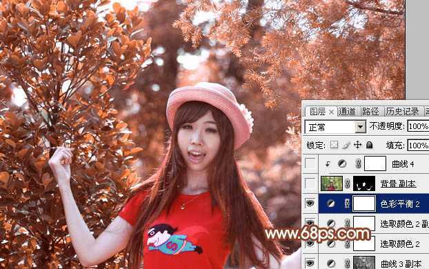 ‘Photoshop打造唯美的橙红色树林人物图片‘