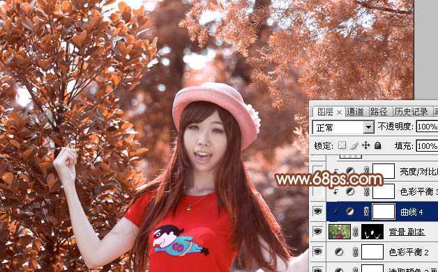 ‘Photoshop打造唯美的橙红色树林人物图片‘