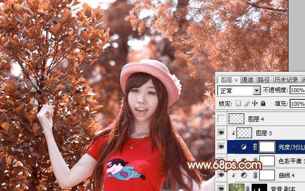 ‘Photoshop打造唯美的橙红色树林人物图片‘