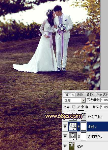 ‘Photoshop制作唯美的霞光草地婚片‘