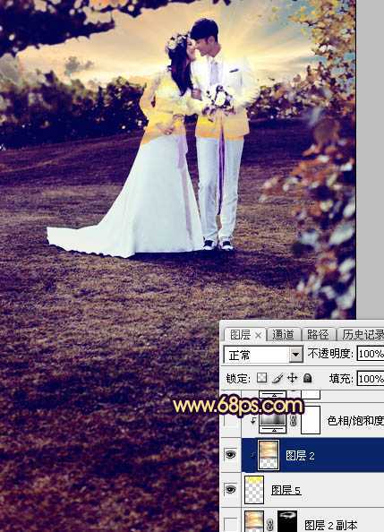 ‘Photoshop制作唯美的霞光草地婚片‘