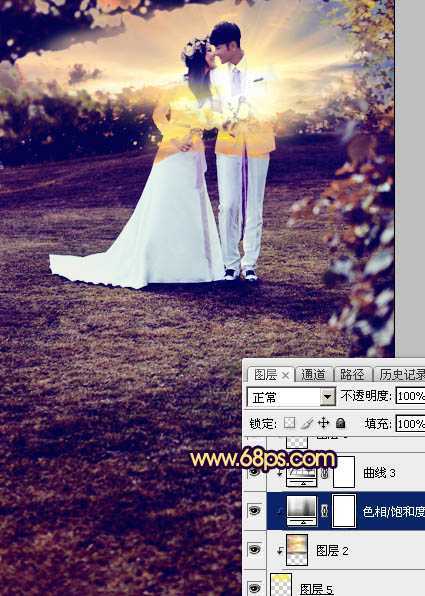 ‘Photoshop制作唯美的霞光草地婚片‘