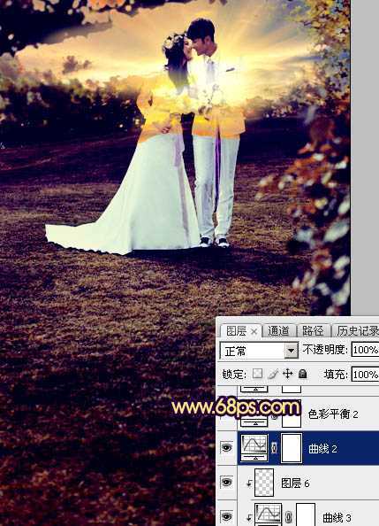 ‘Photoshop制作唯美的霞光草地婚片‘