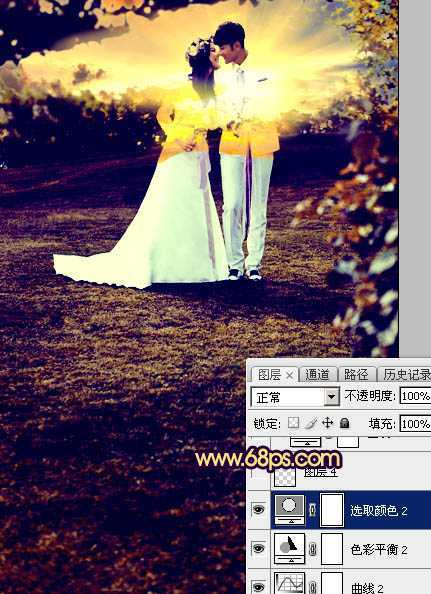 ‘Photoshop制作唯美的霞光草地婚片‘