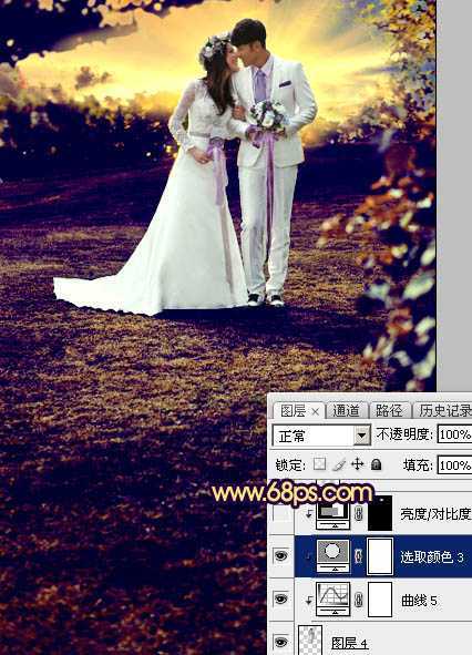 ‘Photoshop制作唯美的霞光草地婚片‘