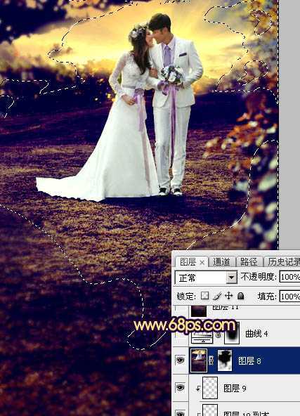 ‘Photoshop制作唯美的霞光草地婚片‘