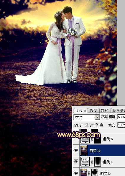 ‘Photoshop制作唯美的霞光草地婚片‘