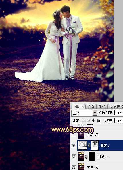 ‘Photoshop制作唯美的霞光草地婚片‘