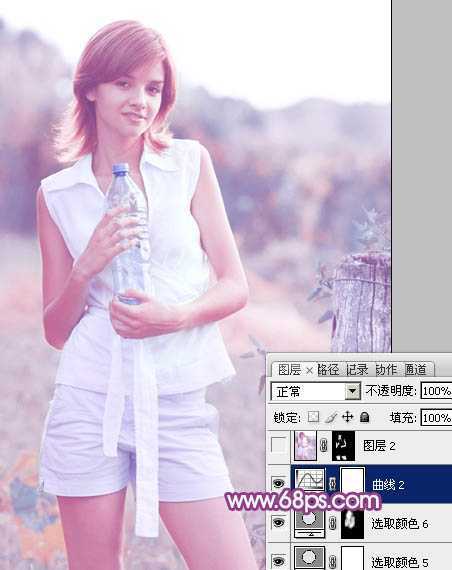‘Photoshop将外景清纯美女图片增加上唯美的淡调蓝紫色效果‘