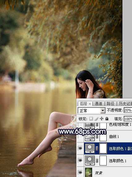 ‘Photoshop为水边的美女调制出暗调霞光色‘
