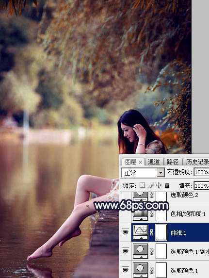 ‘Photoshop为水边的美女调制出暗调霞光色‘