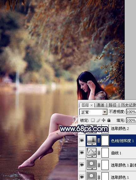 ‘Photoshop为水边的美女调制出暗调霞光色‘