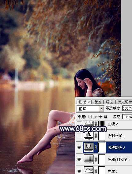 ‘Photoshop为水边的美女调制出暗调霞光色‘