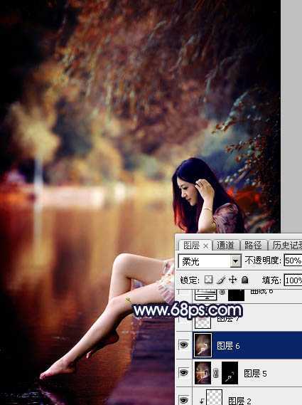 ‘Photoshop为水边的美女调制出暗调霞光色‘