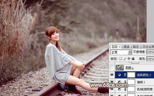 ‘Photoshop调出唯美的冬季红褐色铁轨美女图片‘