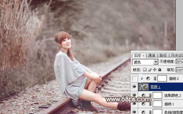 ‘Photoshop调出唯美的冬季红褐色铁轨美女图片‘