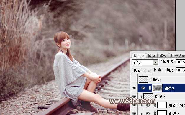 ‘Photoshop调出唯美的冬季红褐色铁轨美女图片‘