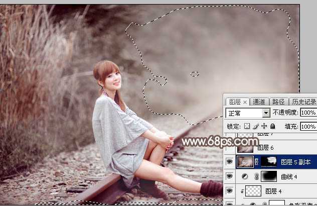 ‘Photoshop调出唯美的冬季红褐色铁轨美女图片‘