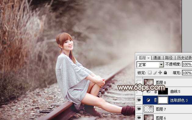 ‘Photoshop调出唯美的冬季红褐色铁轨美女图片‘