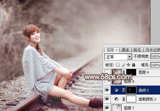‘Photoshop调出唯美的冬季红褐色铁轨美女图片‘