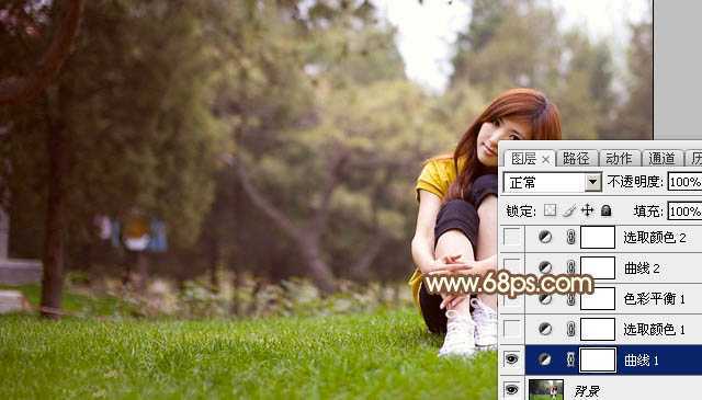 ‘Photoshop将坐在草地上的美女调制出漂亮的秋季阳光色‘
