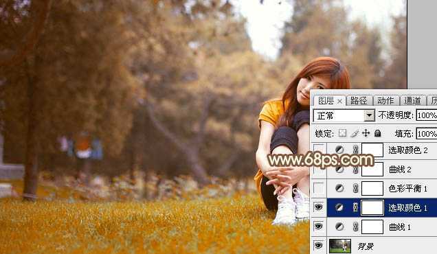 ‘Photoshop将坐在草地上的美女调制出漂亮的秋季阳光色‘