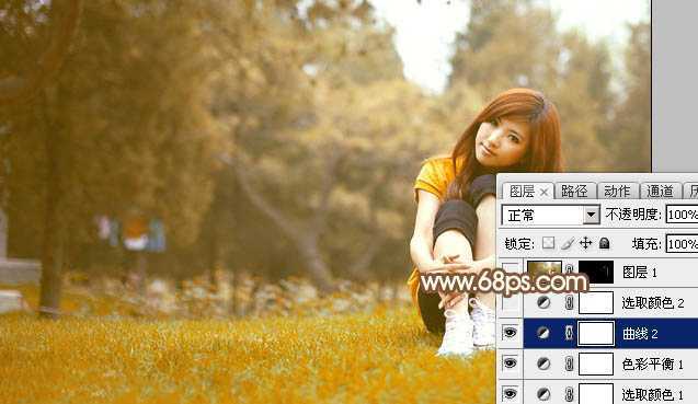 ‘Photoshop将坐在草地上的美女调制出漂亮的秋季阳光色‘