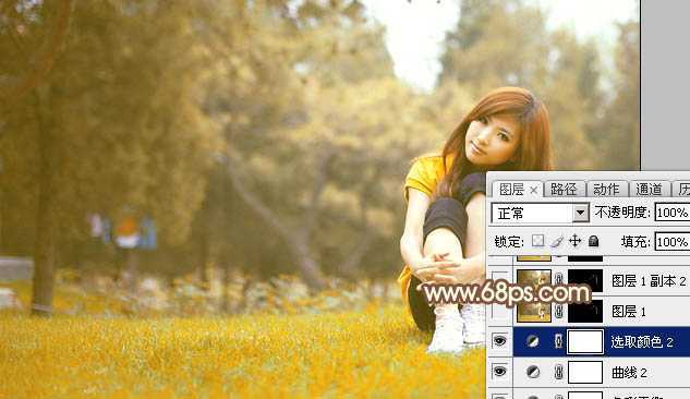 ‘Photoshop将坐在草地上的美女调制出漂亮的秋季阳光色‘