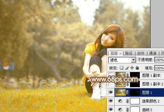 ‘Photoshop将坐在草地上的美女调制出漂亮的秋季阳光色‘