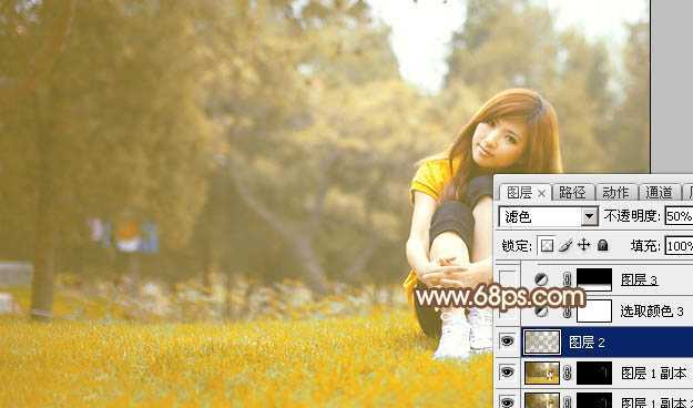 ‘Photoshop将坐在草地上的美女调制出漂亮的秋季阳光色‘