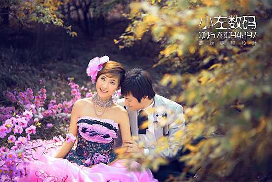 ‘Photoshop将树林婚片打造出漂亮的暖色调‘