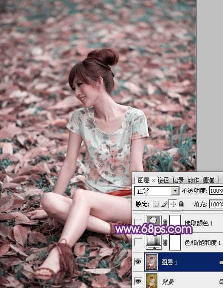 ‘Photoshop将草地上的美女图片调制出漂亮的淡调蓝紫色‘