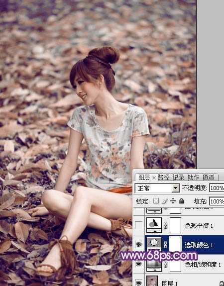 ‘Photoshop将草地上的美女图片调制出漂亮的淡调蓝紫色‘