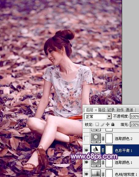 ‘Photoshop将草地上的美女图片调制出漂亮的淡调蓝紫色‘