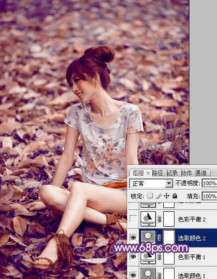 ‘Photoshop将草地上的美女图片调制出漂亮的淡调蓝紫色‘