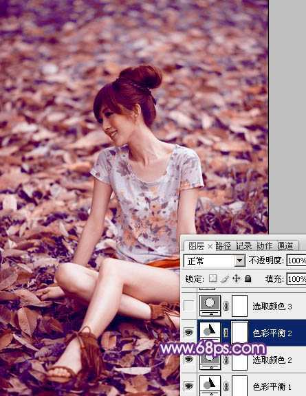 ‘Photoshop将草地上的美女图片调制出漂亮的淡调蓝紫色‘