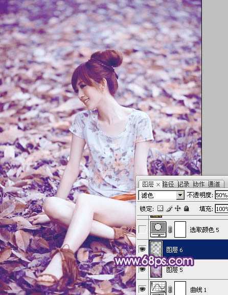 ‘Photoshop将草地上的美女图片调制出漂亮的淡调蓝紫色‘