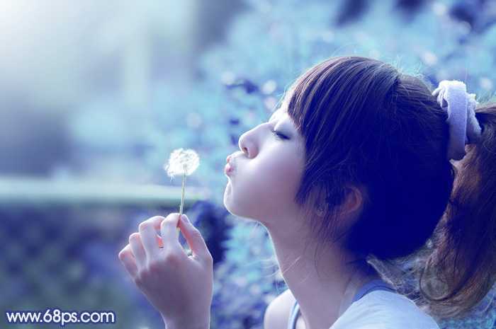 ‘Photoshop为外景美女图片打造出唯美的粉调青蓝色‘