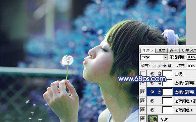‘Photoshop为外景美女图片打造出唯美的粉调青蓝色‘
