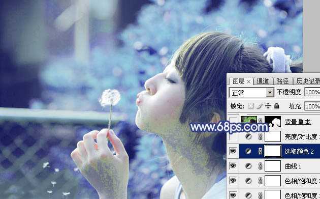 ‘Photoshop为外景美女图片打造出唯美的粉调青蓝色‘