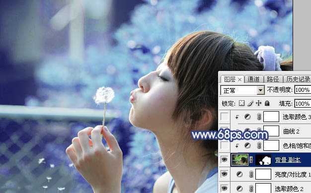 ‘Photoshop为外景美女图片打造出唯美的粉调青蓝色‘