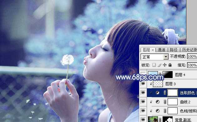 ‘Photoshop为外景美女图片打造出唯美的粉调青蓝色‘