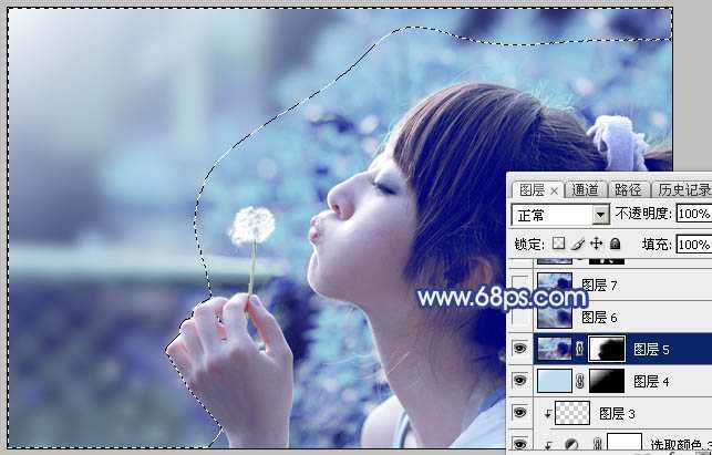 ‘Photoshop为外景美女图片打造出唯美的粉调青蓝色‘